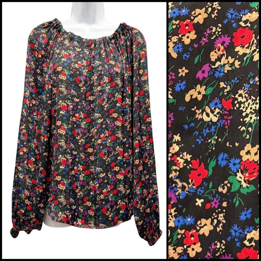 GAP Tie Back Satin Floral Blouse Long Sleeve Boho Cottagecore Travel Womens XL‎